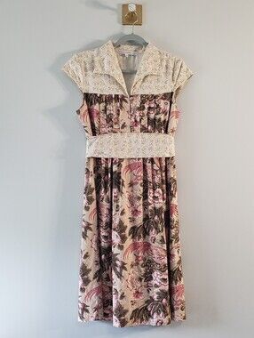 Corey Lynn Calter Vintage Floral Bird Midi Dress 6 Cream Pink Cotton Cottagecore